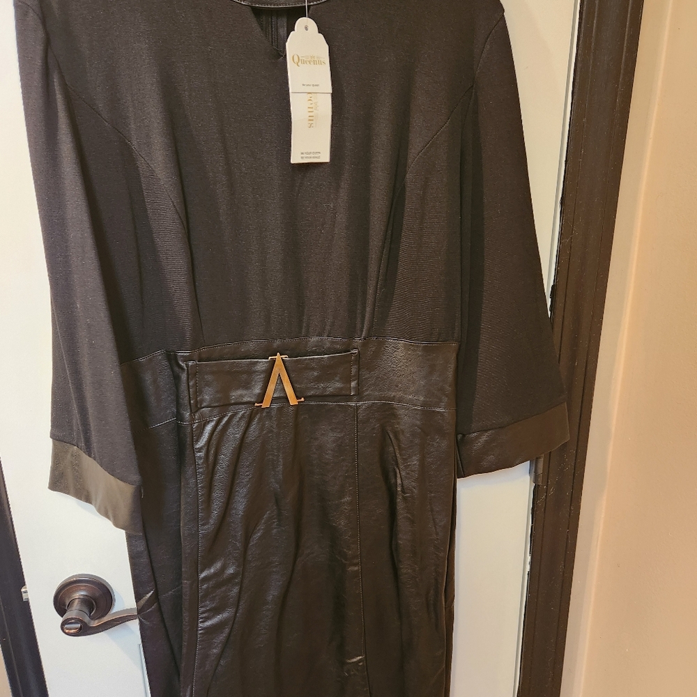 Elegant Black Faux Leather Midi Dress